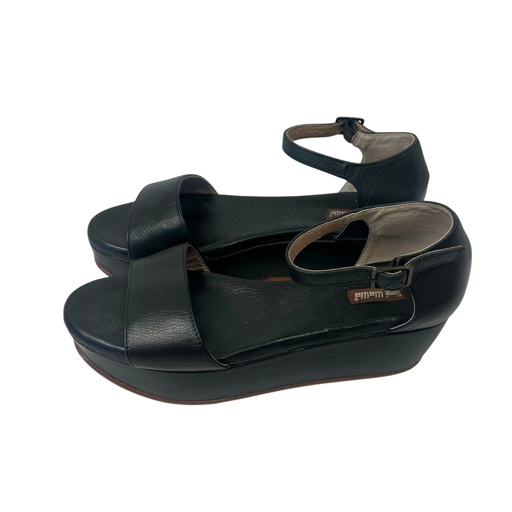 Gee Wawa Black Leather Daisy Platform Wedge Sandals Ankle Strap Women 6.5 Chunky